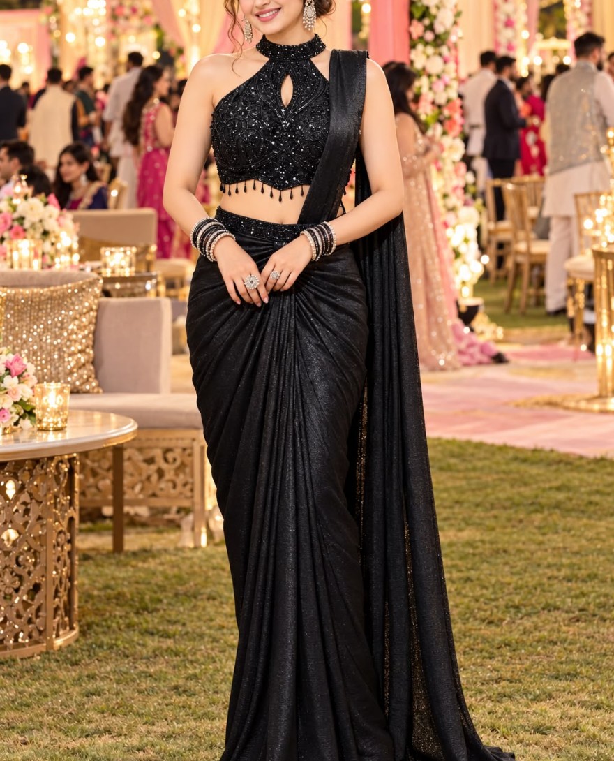 66819 - Embroidered and Sequins Work Crush Classic Sari In Black Colour